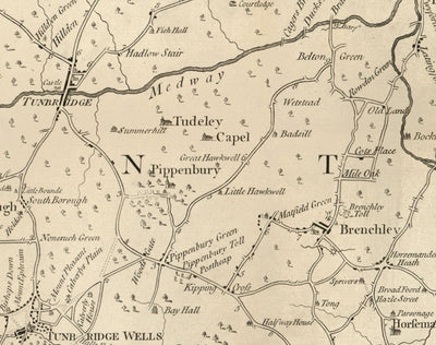 Alte Karte von Tunbridge Wells und 14 Meilen Umgebung von Jasper Sprange, 1802 - Kent, East Sussex