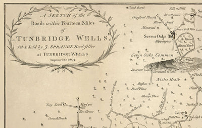 Ancienne carte de Tunbridge Wells et 14 miles autour par Jasper Sprange, 1802 - Kent, East Sussex