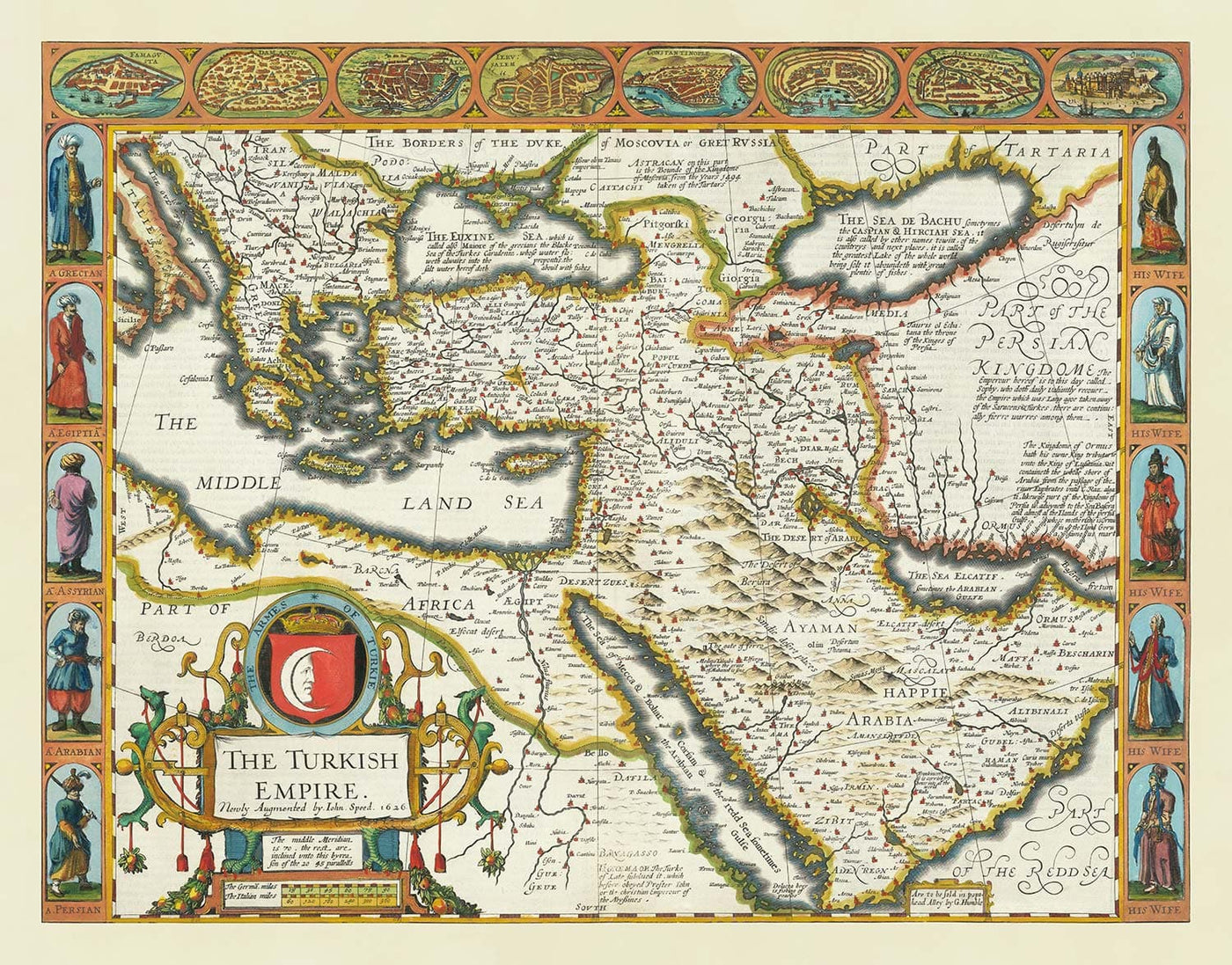 Alte Karte des türkischen / osmanischen Reiches von John Speed, 1627 - Türkei, Balkan, Griechenland, Iran, Ägypten, Syrien