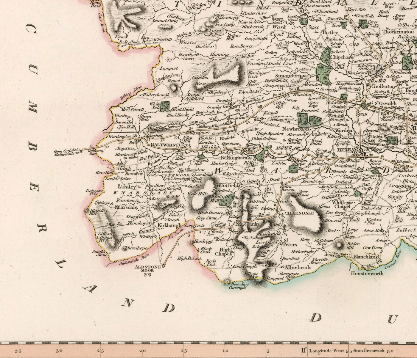 Ancienne carte du Northumberland en 1801 par John Cary - Newcastle, Belford, Hexham, Haltwhistle, Durham