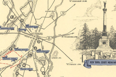 Antiguo mapa de la batalla de Gettysburg en 1953 por Barclay Rubincam - Guerra Civil - Confederación vs. Unión Cuadro conmemorativo