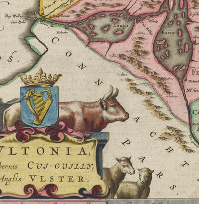 Alte Karte von Ulster, Nordirland im Jahre 1665 von Joan Blaeu - Belfast, Derry, County Antrim & Down, Eire