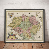 Ancienne Carte de Ulster, Irlande du Nord en 1665 par Joan Blaeu - Belfast, Derry, Comté Antrim & Down, Eire