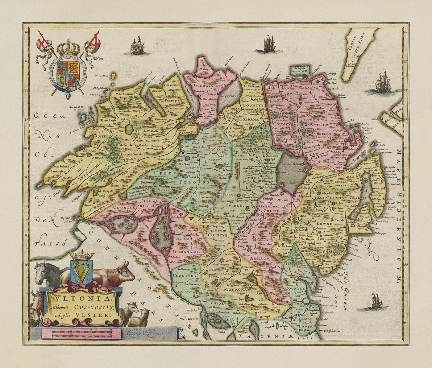 Ancienne Carte de Ulster, Irlande du Nord en 1665 par Joan Blaeu - Belfast, Derry, Comté Antrim & Down, Eire