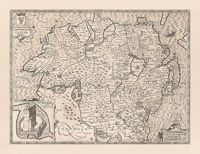 Vieille carte monochrome de Ulster, Irlande du Nord en 1611 par John Speed ​​- Belfast, Derry (pas Londonderry), comté Antrim & Down