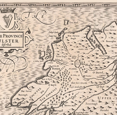 Alte monochrome Karte von Ulster, Nordirland im Jahre 1611 von John Speed ​​- Belfast, Derry (nicht Londonderry), County Antrim & Down