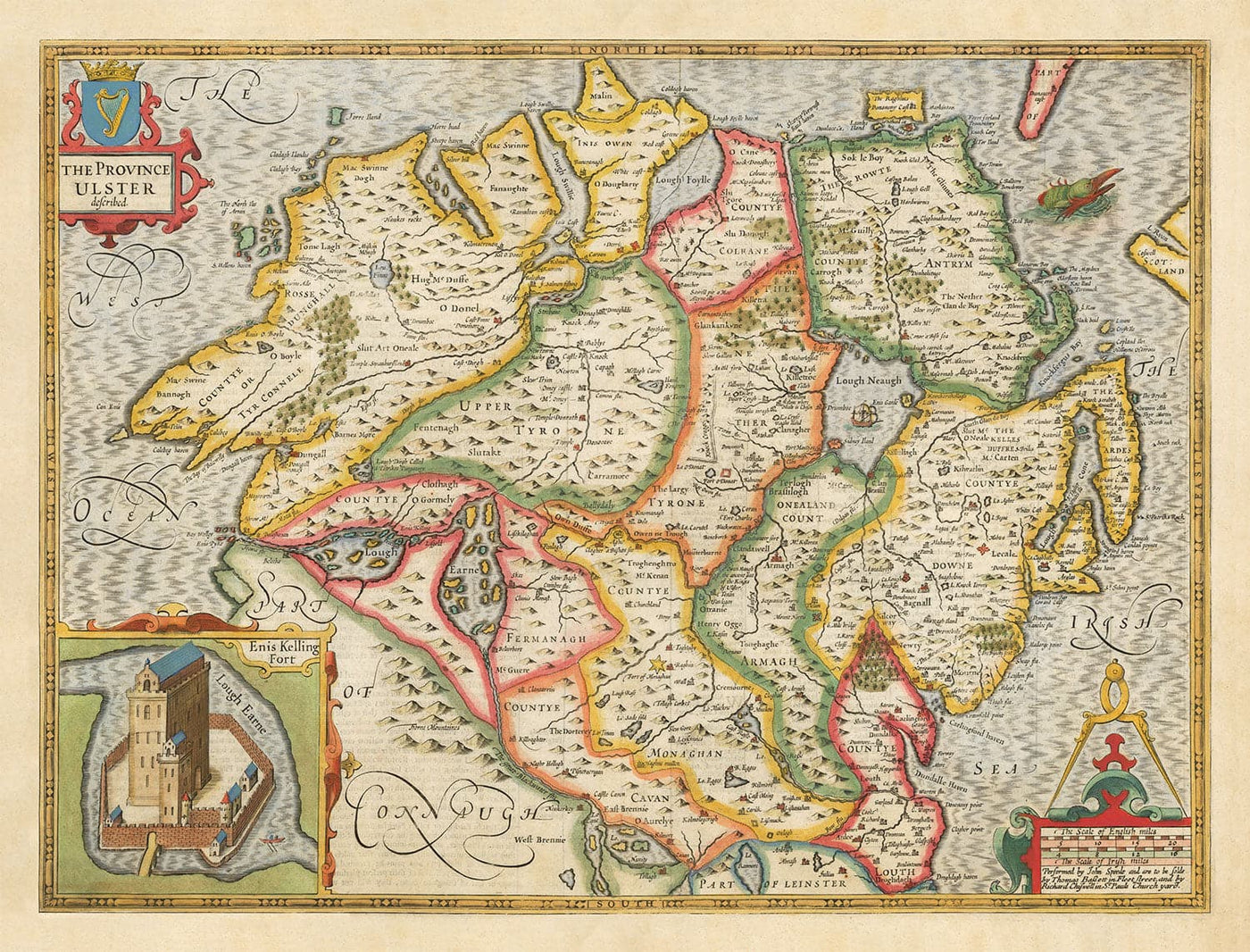 Mapa antiguo de Ulster, Irlanda del Norte en 1611 por John Speed ​​- Belfast, Derry, Condado Antriment & Down