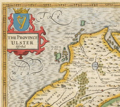 Ancienne carte d'Ulster, Irlande du Nord en 1611 par John Vitesse - Belfast, Derry, comté Antrim & Down
