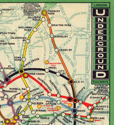 Seltene alte Londoner U-Bahn-Rohrkarte, 1912 - Oxford Circus, Piccadilly, Bank, zentrale Linie