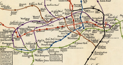 Alte Londoner U-Bahn-Rohrkarte, 1923 - Oxford Circus, Piccadilly, zentrale Linie