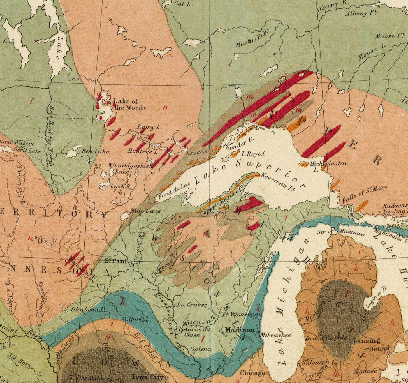 Antiguo mapa geológico de EE.UU. y Canadá por Rogers & Johnston, 1856 - Geological Chart of America