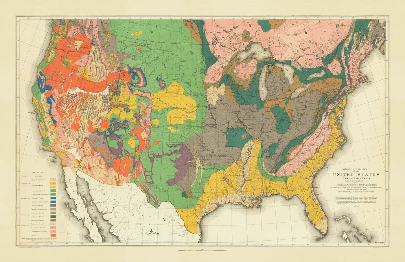 Mapa de geología antiguo raro de Estados Unidos y Canadá, 1886 por Charles Henry Hitchcock