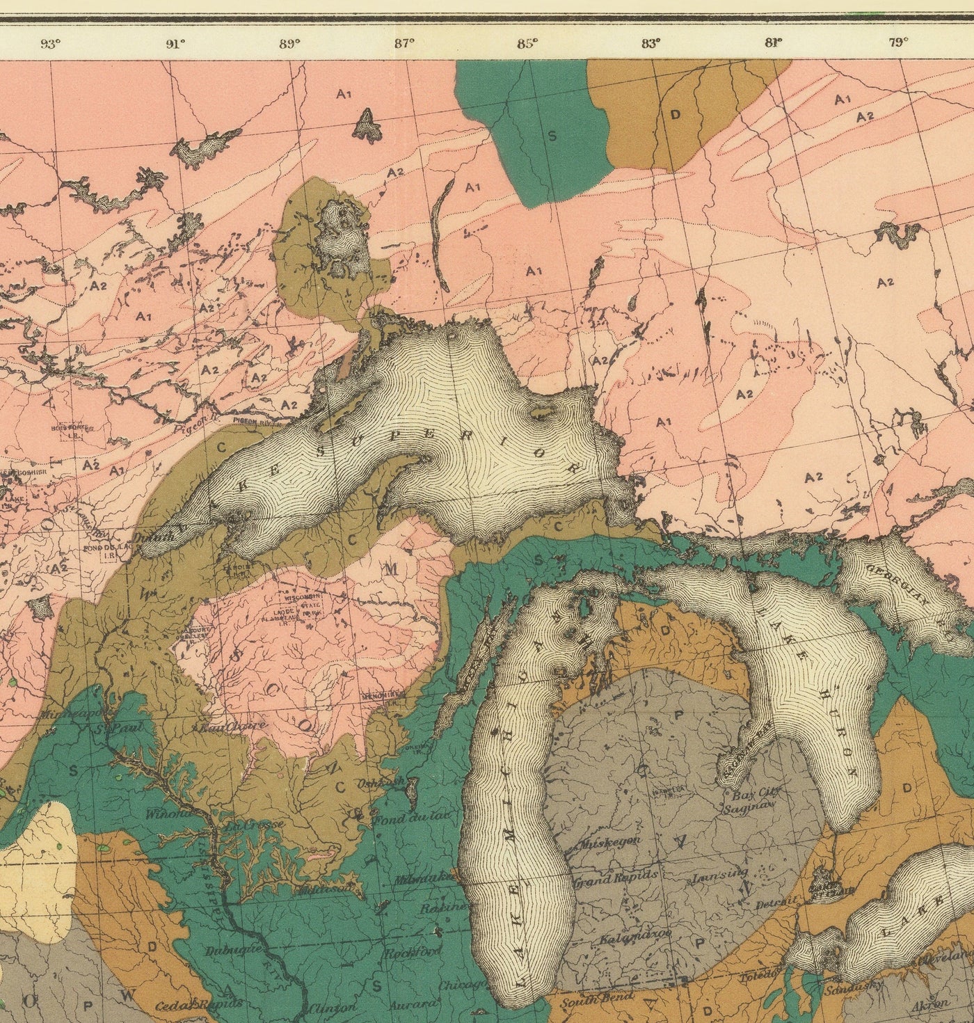 Mapa de geología antiguo raro de Estados Unidos y Canadá, 1886 por Charles Henry Hitchcock
