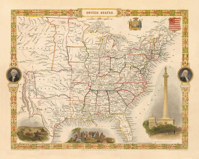 Ancienne carte des États-Unis, 1851 par Tallis & Rapkin - Grand Texas, Territoire Western et Missouri, Borders étranges