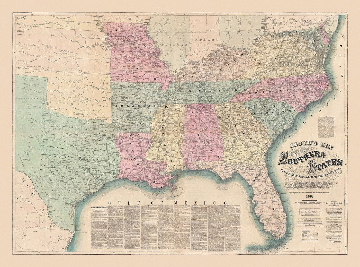 Carte de Lloyd des États du Sud, 1862 - Ancienne et rare carte de la guerre civile des confédérés - USA