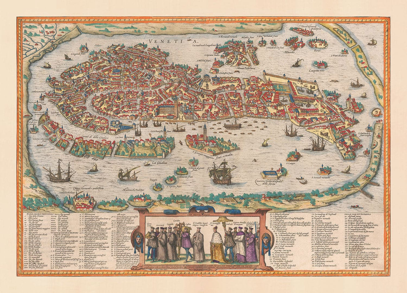 Très ancienne carte de Venise, 1572 par Georg Braun - Vénétiezia, Murano, Burano, Giudecca, Lagon vénitien
