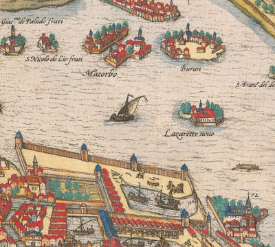 Mapa muy antiguo de Venecia, 1572 de Georg Braun - Venezia, Murano, Burano, Giudecca, Laguna veneciana