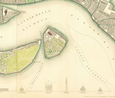Mapa antiguo de Venecia, 1838 por W.B. Clarke & SDUK - Venecia, Laguna, Basílica de San Marcos, Gran Canal, Puente de Rialto