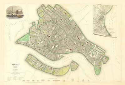 Mapa antiguo de Venecia, 1838 por W.B. Clarke & SDUK - Venecia, Laguna, Basílica de San Marcos, Gran Canal, Puente de Rialto