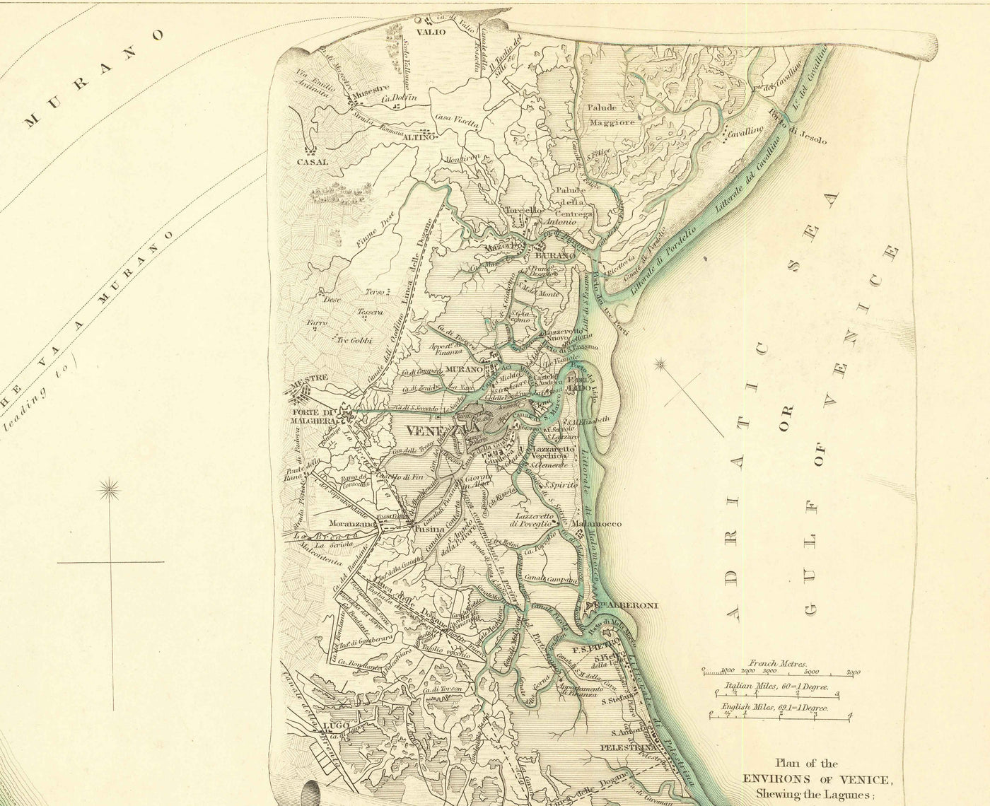 Carte ancienne de Venise, 1838 par W.B. Clarke & SDUK - Venezia, Lagune, Basilique St Marc, Grand Canal, Pont du Rialto
