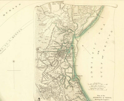 Carte ancienne de Venise, 1838 par W.B. Clarke & SDUK - Venezia, Lagune, Basilique St Marc, Grand Canal, Pont du Rialto