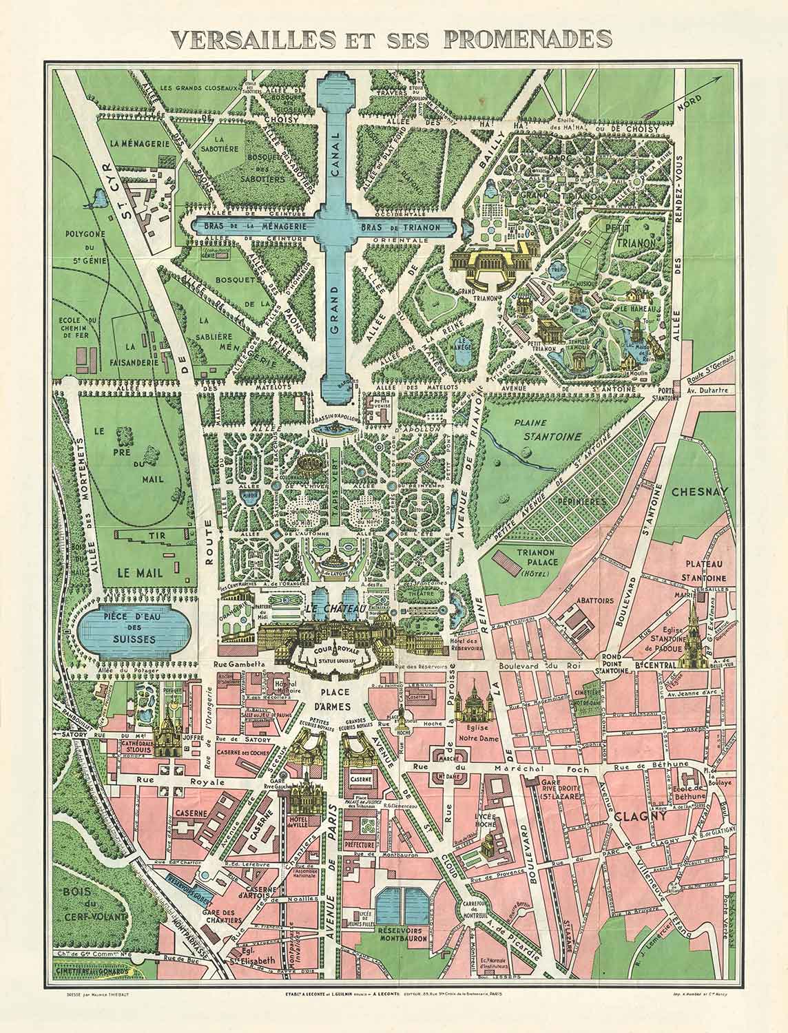 Mapa antiguo del Palacio de Versalles y sus jardines, 1920 por Leconte - París, Gran Canal, Rey Luis XIV, XV, XVI