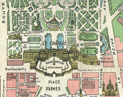 Alte Karte des Schlosses und der Gärten von Versailles, 1920 von Leconte - Paris, Grand Canal, König Ludwig XIV, XV, XVI