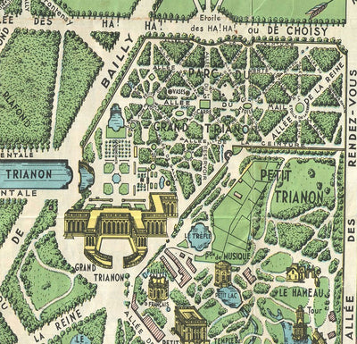 Mapa antiguo del Palacio de Versalles y sus jardines, 1920 por Leconte - París, Gran Canal, Rey Luis XIV, XV, XVI