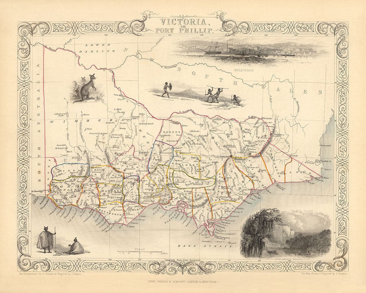 Old Map of Victoria, Australia par Tallis & Rapkin, 1851 - Melbourne, Geelong, Bourke, Grant, Evelyn Counties