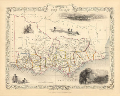 Mapa antiguo de Victoria, Australia por Tallis & Rapkin, 1851 - Condados de Melbourne, Geelong, Bourke, Grant, Evelyn
