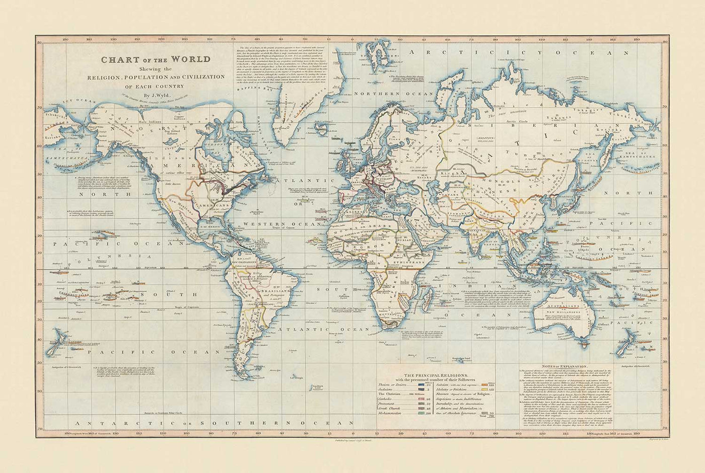 Antiguo mapa del mundo, 1818 por James Wyld - Gráfico que muestra la religión, la población y la civilización de cada país