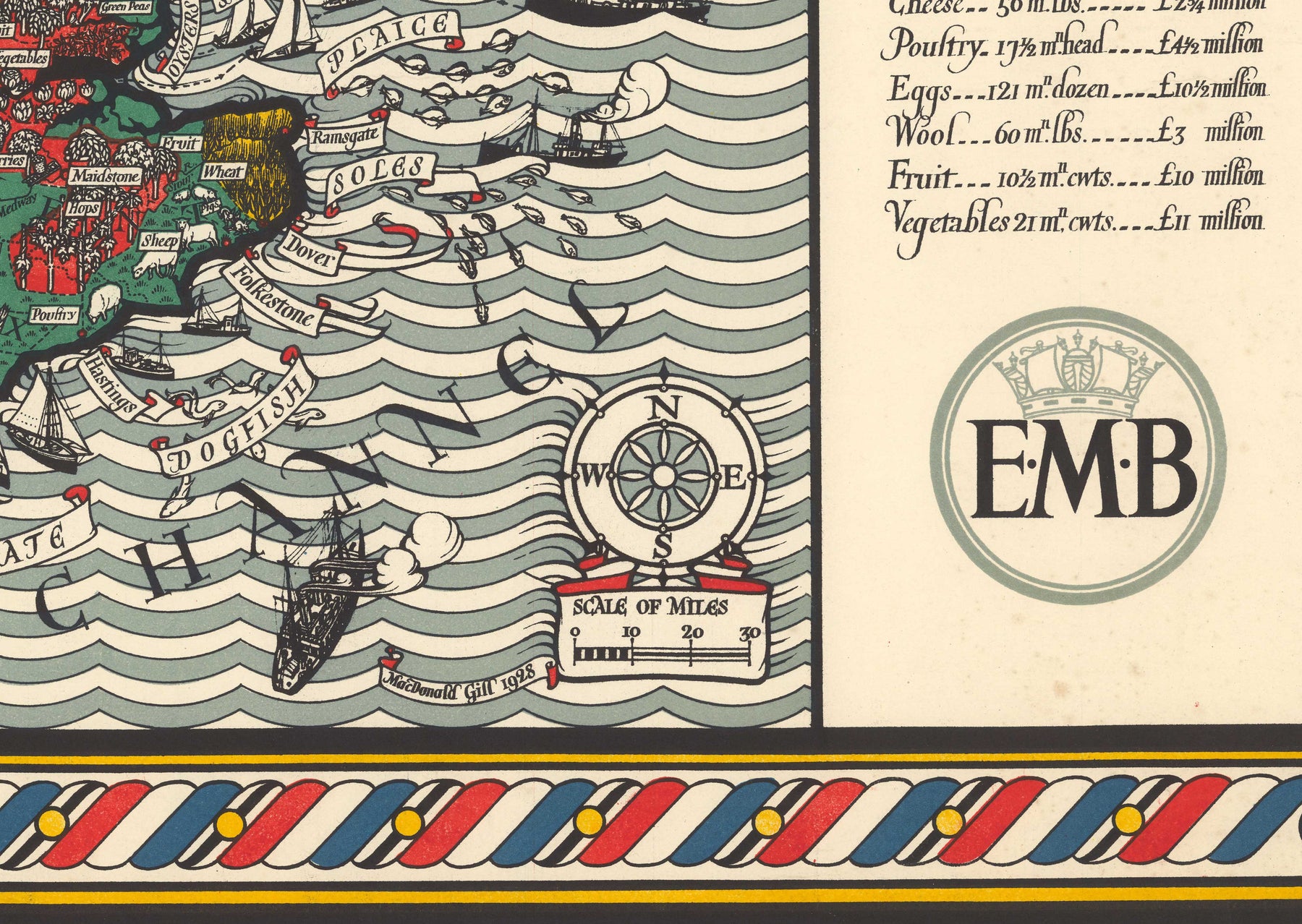 Old Map of Agriculture & Fisheries in England and Wales by Macdonald Gill - Poultry, Dairy, Crops, Produce, Farms