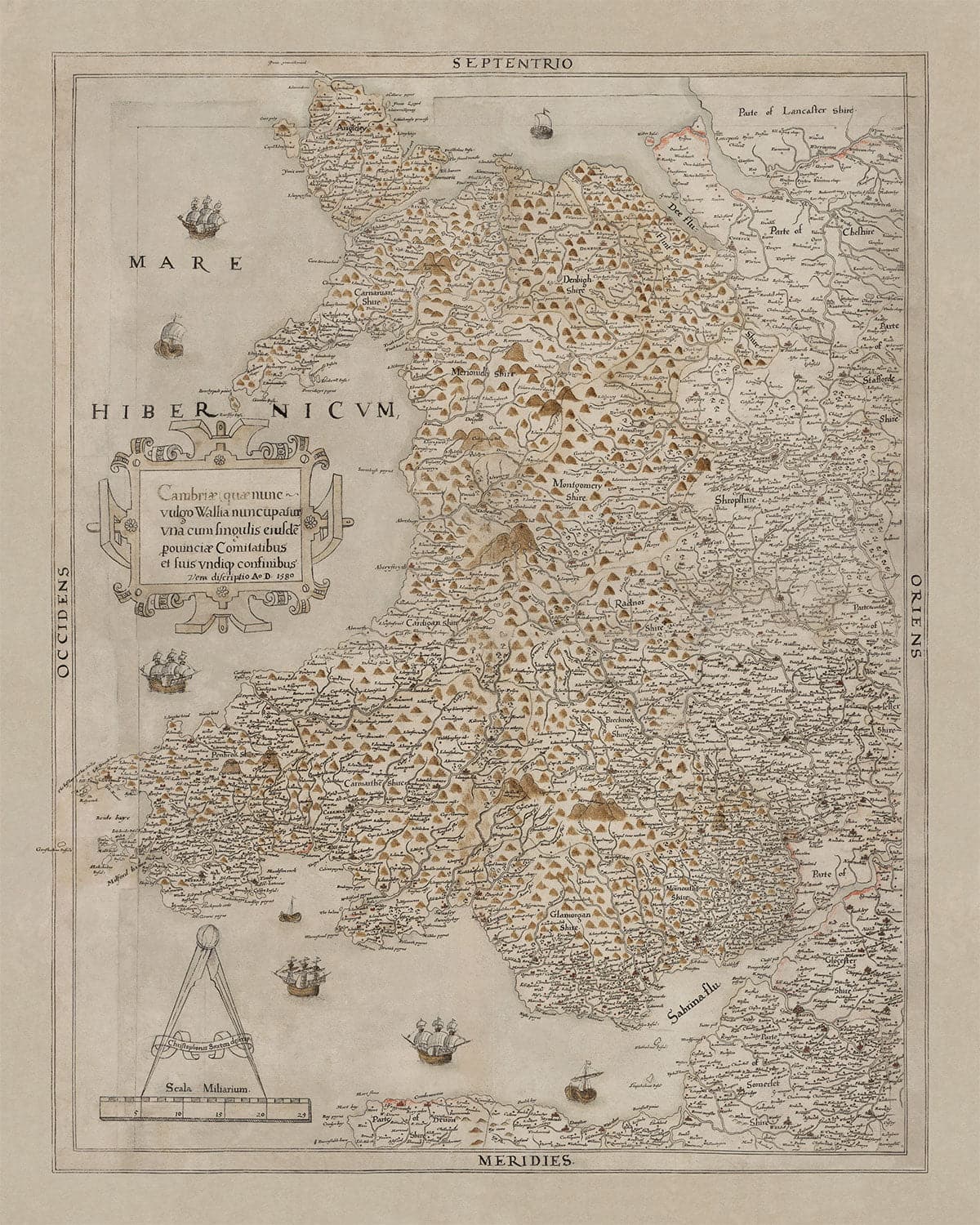 Mapa antiguo de Gales, Cymru de Christopher Saxton en 1580 - primer mapa preciso de Gales