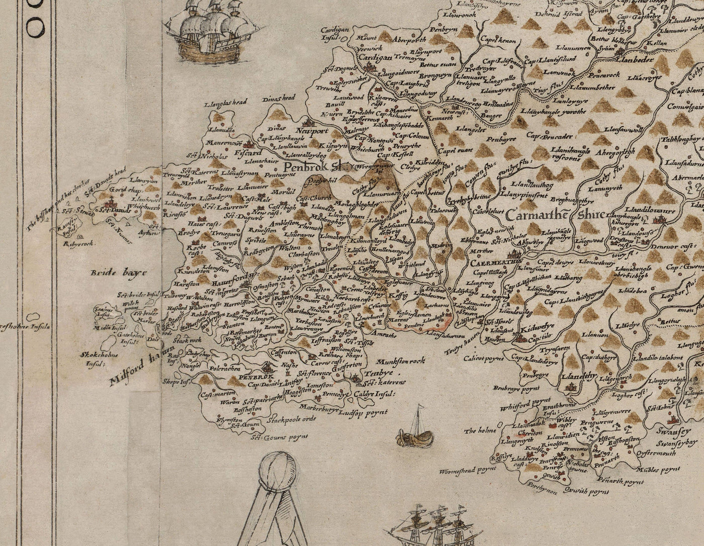 Old Map of Wales, Cymru by Christopher Saxton in 1580 - First Accurate Map of Wales