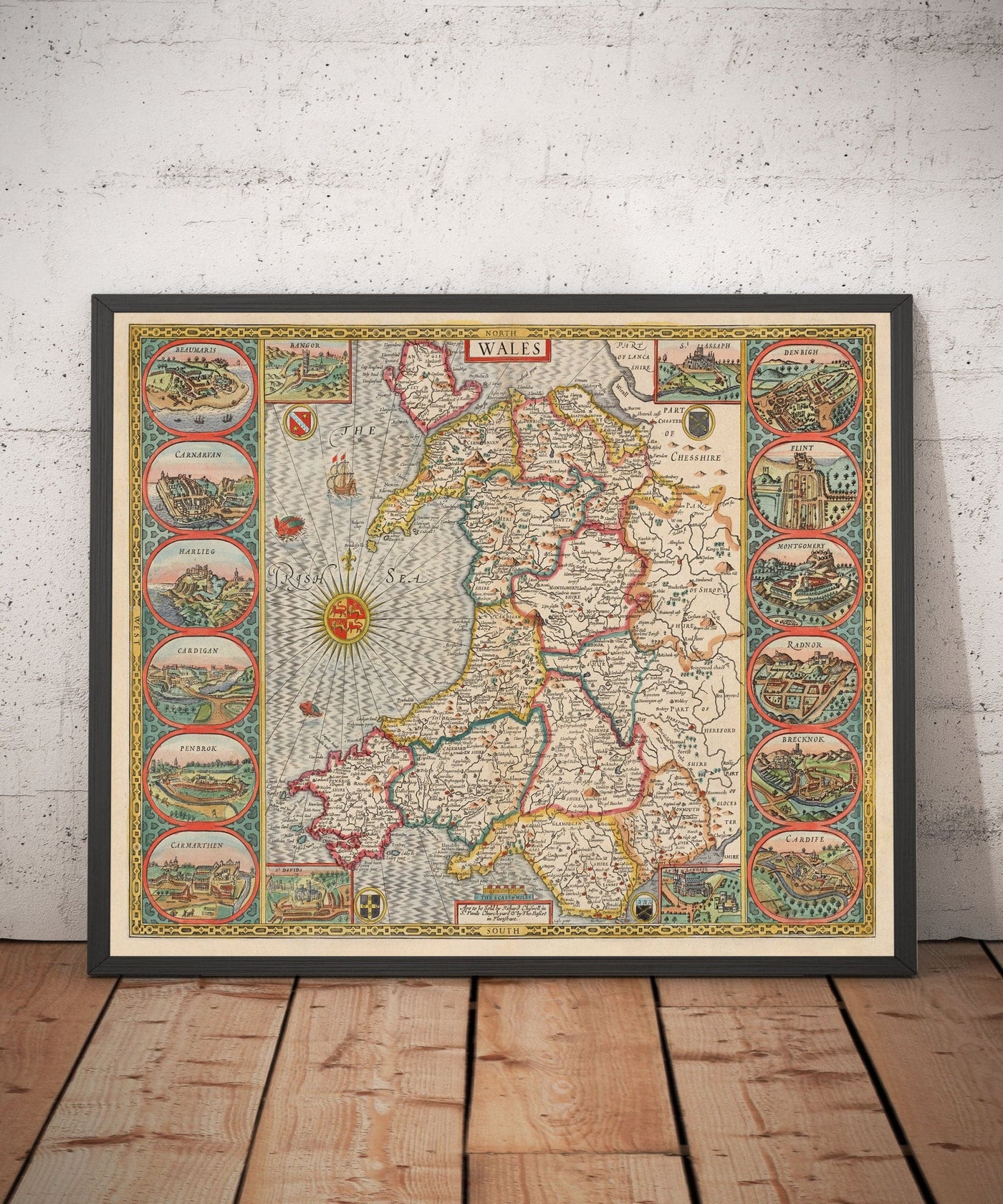 Antiguo mapa en color de Gales, Cymru por John Speed, 1610