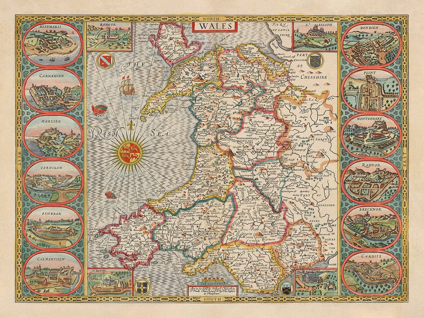 Ancienne carte en couleur du Pays de Galles, Cymru par John Speed, 1610