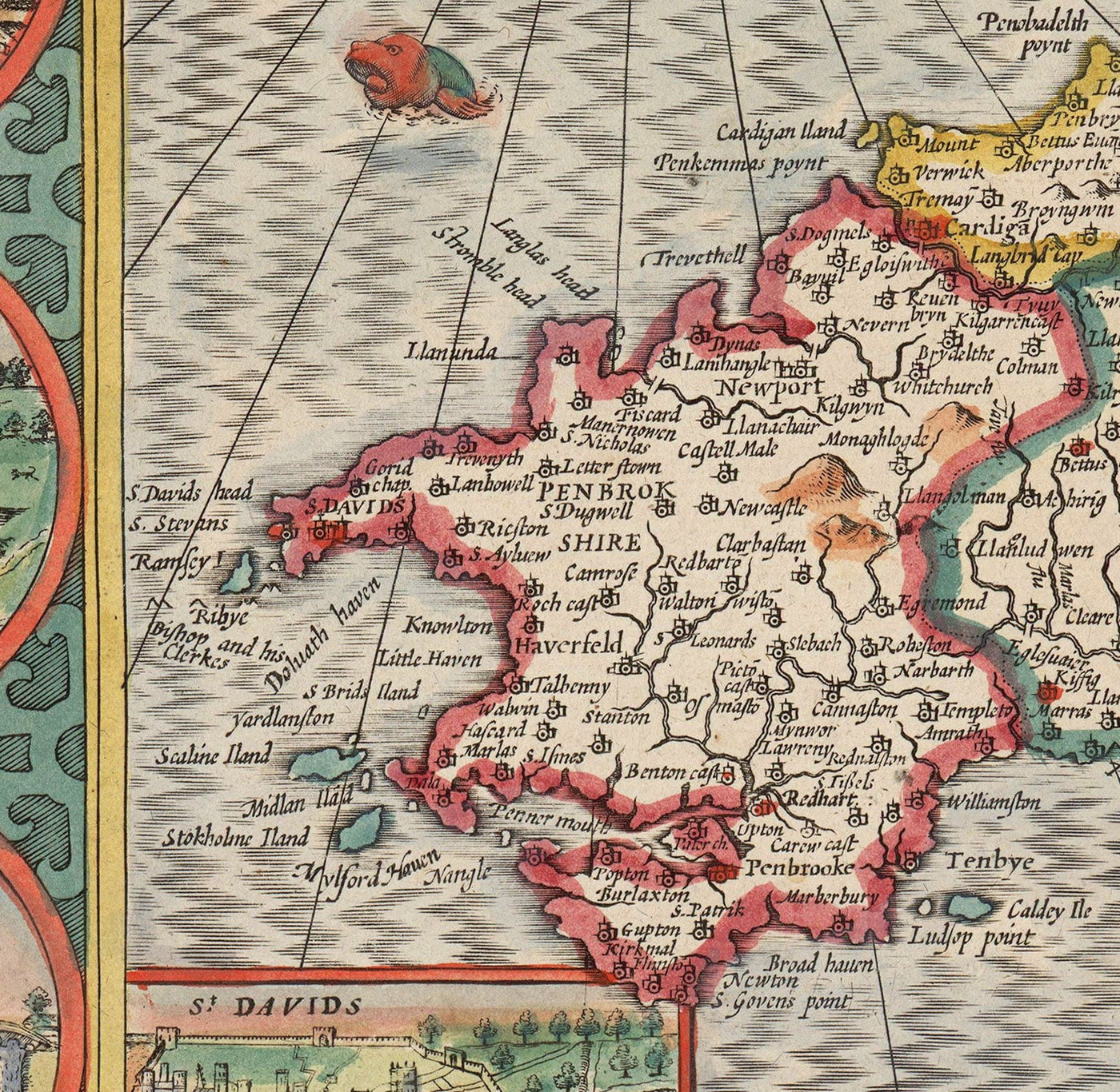Ancienne carte en couleur du Pays de Galles, Cymru par John Speed, 1610