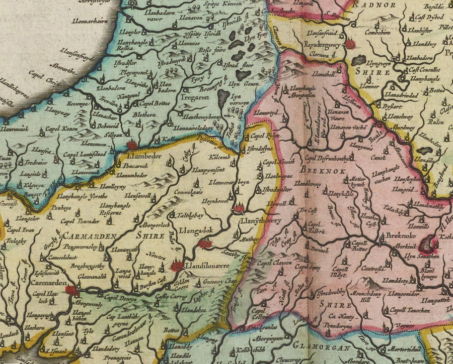 Rare carte ancienne du Pays de Galles par Jean Blaeu, 1645 - tirée du Theatrum Orbis Terrarum Sive Atlas Novus