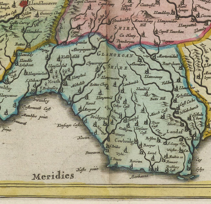 Rare carte ancienne du Pays de Galles par Jean Blaeu, 1645 - tirée du Theatrum Orbis Terrarum Sive Atlas Novus