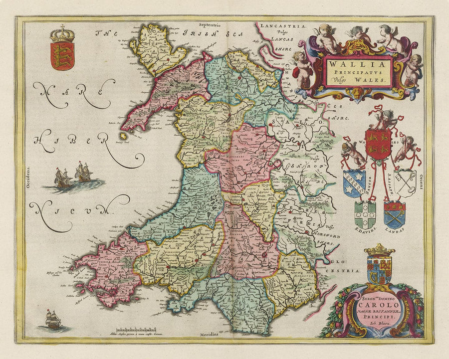 Rare carte ancienne du Pays de Galles par Jean Blaeu, 1645 - tirée du Theatrum Orbis Terrarum Sive Atlas Novus