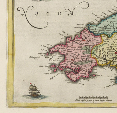 Raro mapa antiguo de Gales de Jean Blaeu, 1645 - del Theatrum Orbis Terrarum Sive Atlas Novus