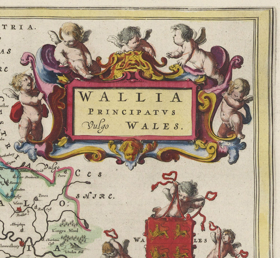 Rare carte ancienne du Pays de Galles par Jean Blaeu, 1645 - tirée du Theatrum Orbis Terrarum Sive Atlas Novus