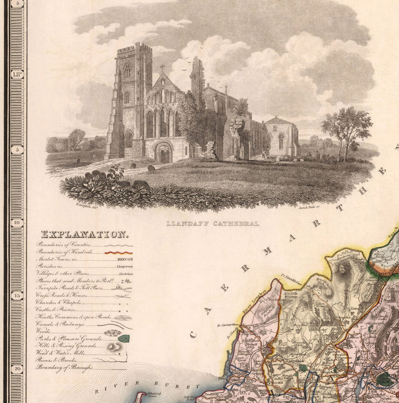 Viejo mapa de South Wales, 1829 por Greenwood & Co. - Glamorgan, Cardiff, Brecon, Swansea