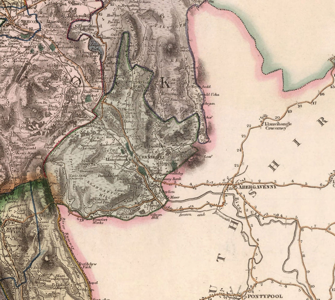 Viejo mapa de South Wales, 1829 por Greenwood & Co. - Glamorgan, Cardiff, Brecon, Swansea