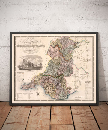Alte Karte von Südwales, 1829 von Greenwood & Co. - Glamorgan, Cardiff, Brecon, Swansea 
