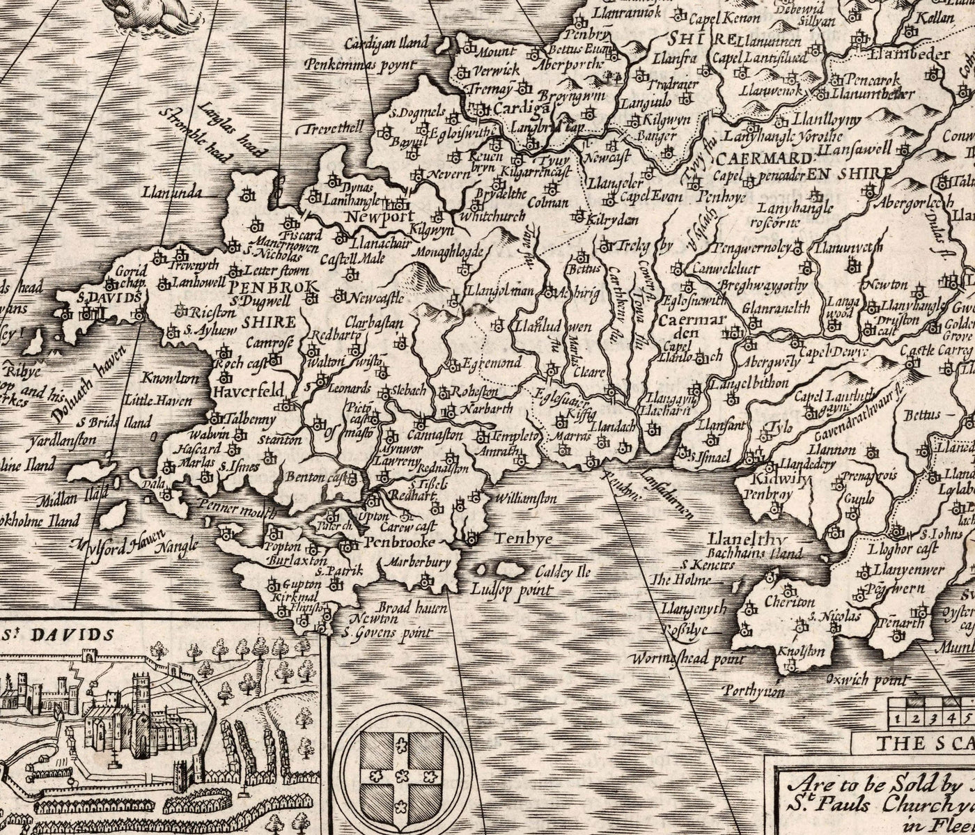 Old Monochrome Map of Wales, Cymru, 1611 by John Speed - Cities, Towns ...