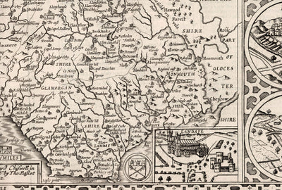 Old Monochrome Carte du Pays de Galles, Cymru, 1611 par John Speed ​​- Villes, Villes, Comtés, Cardiff, Pembrokeshire, Anglesey