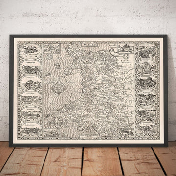 Alte monochrome Karte von Wales, Cymru, 1611 von John Speed - Städte, Dörfer, Grafschaften, Cardiff, Pembrokeshire, Anglesey 