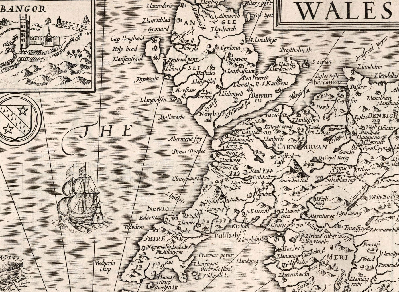 Mapa monocromático antiguo de Gales, Cymru, 1611 de John Speed ​​- Ciudades, Pueblos, Condados, Cardiff, Pembrokeshire, Anglesey