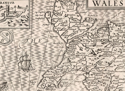 Alte monochrome Karte von Wales, Cymru, 1611 von John Speed ​​- Städte, Städte, Grafschaften, Cardiff, Pembrokeshire, Anglesey